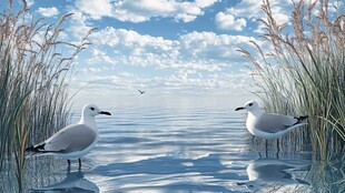 海边双鸥立 水草映蓝天