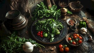 质朴木桌上的多彩新鲜蔬菜