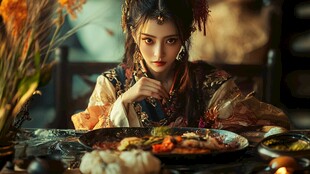 古风佳人享中式美味