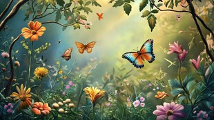 梦幻蝴蝶花丛飞舞景象