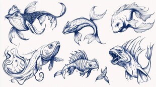 手绘奇幻鱼类图案集合