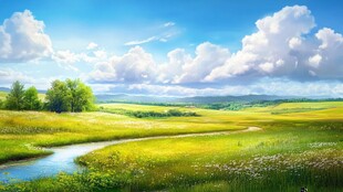 田园风光 绿野溪流与蓝天