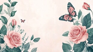 粉色玫瑰与蝴蝶唯美插画