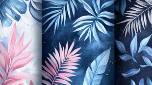 梦幻蓝粉系热带植物图案