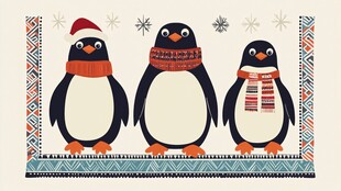 三只戴围巾企鹅的圣诞插画