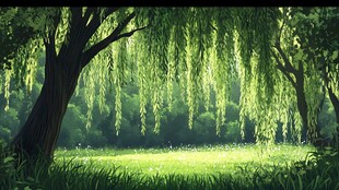 柳荫下的静谧绿野风光