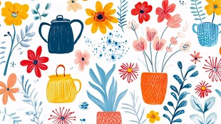 花卉茶壶插画 清新可爱风