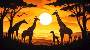 夕阳下的长颈鹿一家