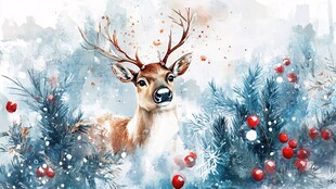 圣诞麋鹿雪景水彩插画