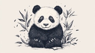 黑白风熊猫与竹叶插画