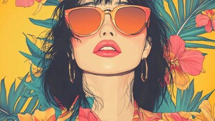 夏日酷感女孩与热带花卉