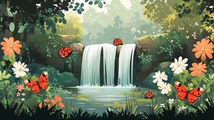 梦幻森林瀑布与多彩瓢虫