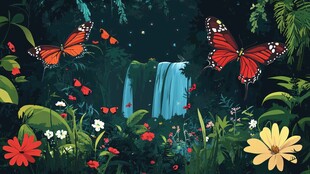 梦幻雨林中的蝴蝶与瀑布