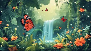 梦幻雨林中的蝴蝶与瀑布