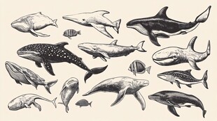 手绘海洋鲸鱼类动物集合
