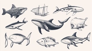 海洋生物与船只插画集合