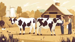 农场中人与牛的温馨场景