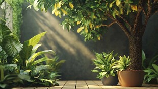 阳光洒落的绿植庭院一角