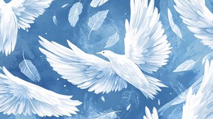 蓝底白鸽羽毛梦幻图案