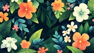 热带花卉绿叶图案背景
