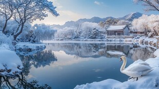 冬日湖畔雪景中的优雅天鹅