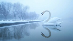 冬日湖面上的优雅白天鹅