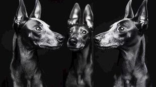 三只杜宾犬的黑白肖像