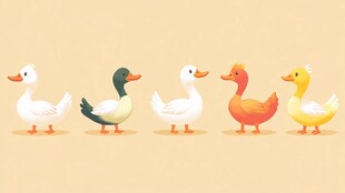 一排可爱的鸭子卡通形象