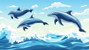 三只海豚跃出蓝色海浪