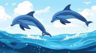 两只海豚跃出蓝色海面