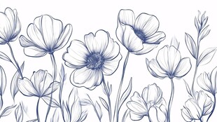 手绘蓝线花朵花卉图案