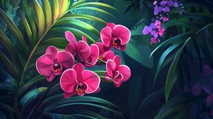 梦幻粉色兰花与热带植物