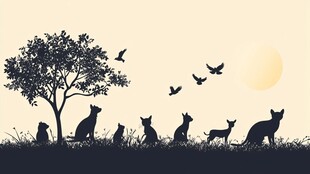 夕阳下的动物与飞鸟剪影