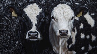 两头黑白花奶牛的特写