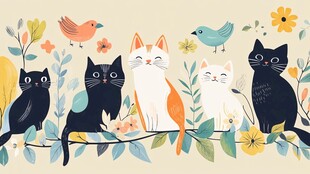 猫咪与小鸟的春日插画