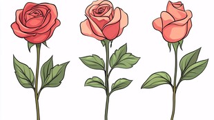 三朵手绘风格娇艳玫瑰花