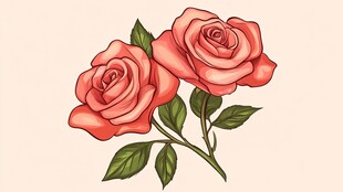 两朵娇艳手绘粉色玫瑰花