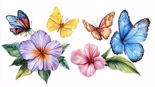 彩蝶伴花水彩插画