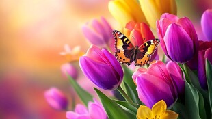 彩蝶停驻缤纷郁金香间