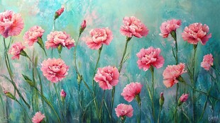 粉色康乃馨油画花卉美景