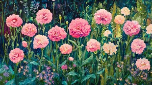 粉色花卉油画中的烂漫景致