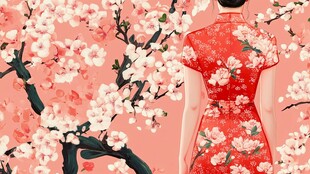 身着旗袍的女子与烂漫樱花