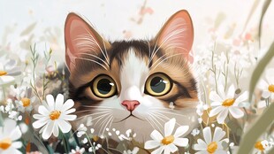 花丛中的可爱三色猫咪