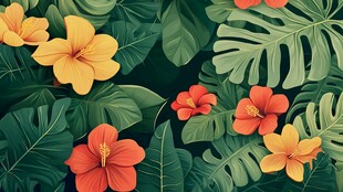 热带花卉与绿叶插画