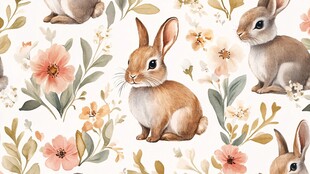可爱小兔与花卉无缝图案