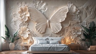 蝴蝶花卉主题卧室墙面设计