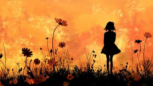 女孩伫立花海黄昏剪影