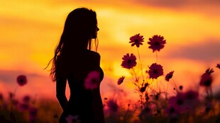 夕阳下花丛中的女子剪影