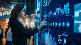 商务女性操作智能数据大屏