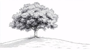 孤独屹立的单棵大树素描
